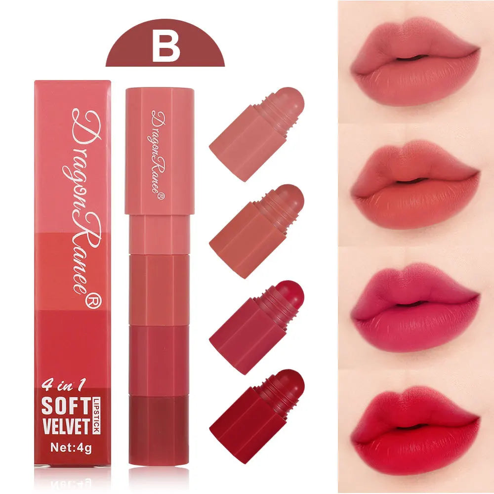 Dragon Ranee 4-in-1 Matte Velvet Lipstick Set – Waterproof Matte Lipstick Set HIP B 4g Full Size