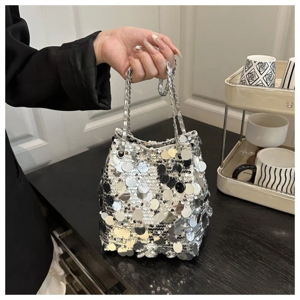 Shiny Sequin Bucket Bag – Chain Strap Crossbody | Korean Style Sequin Crossbody Bag HIP