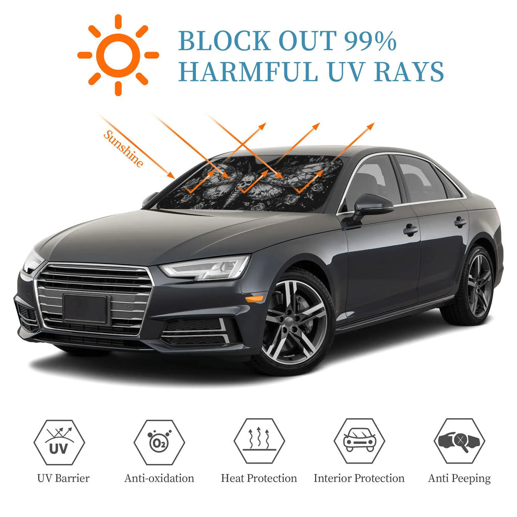 Foldable Car Sunshade – Moth Skull & Celestial Rose Print Car Windshield Sunshade HIP