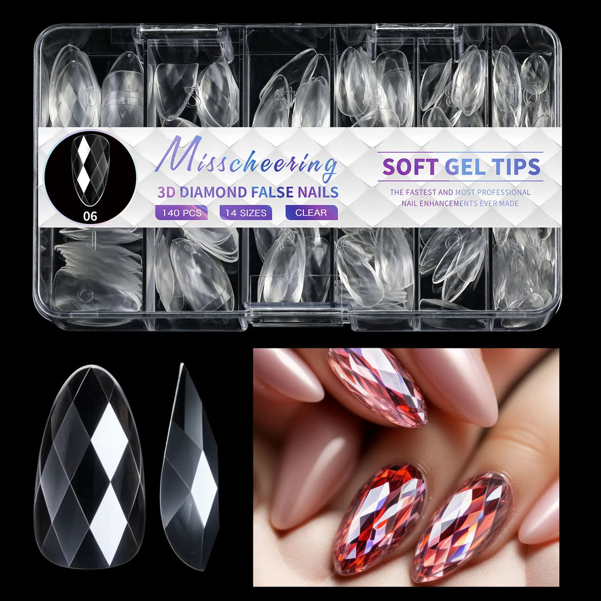 3D Diamond 120/140pcs Square Almond Coffin Nail Extension Tips Natural Clear Full Cover Nails Dual Form Soft Gel Nail Tips HIP 06