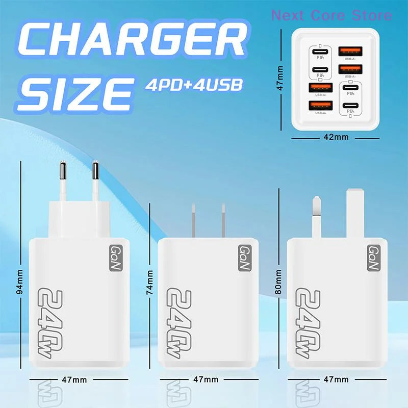 240W GaN USB-C Charger 8-in-1 Fast Charging Wall Adapter GaN Wall Charger HIP