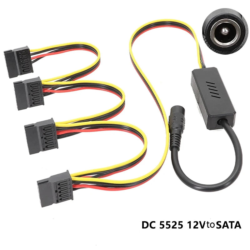DC5525 to SATA Power Splitter Cable – 12V, 1–4 Port HDD SATA Power Adapter Cable HIP DC to 4 SATA