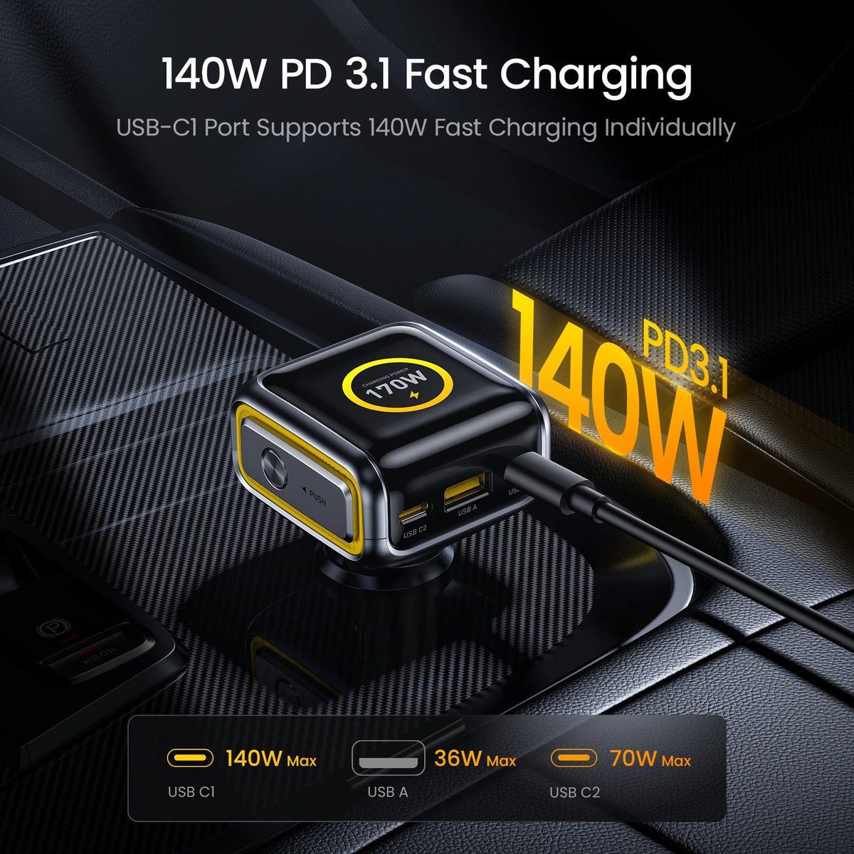 AOHI 170W 3-Port Fast Car Charger | PD 3.1 & LED Display Car Charger HIP
