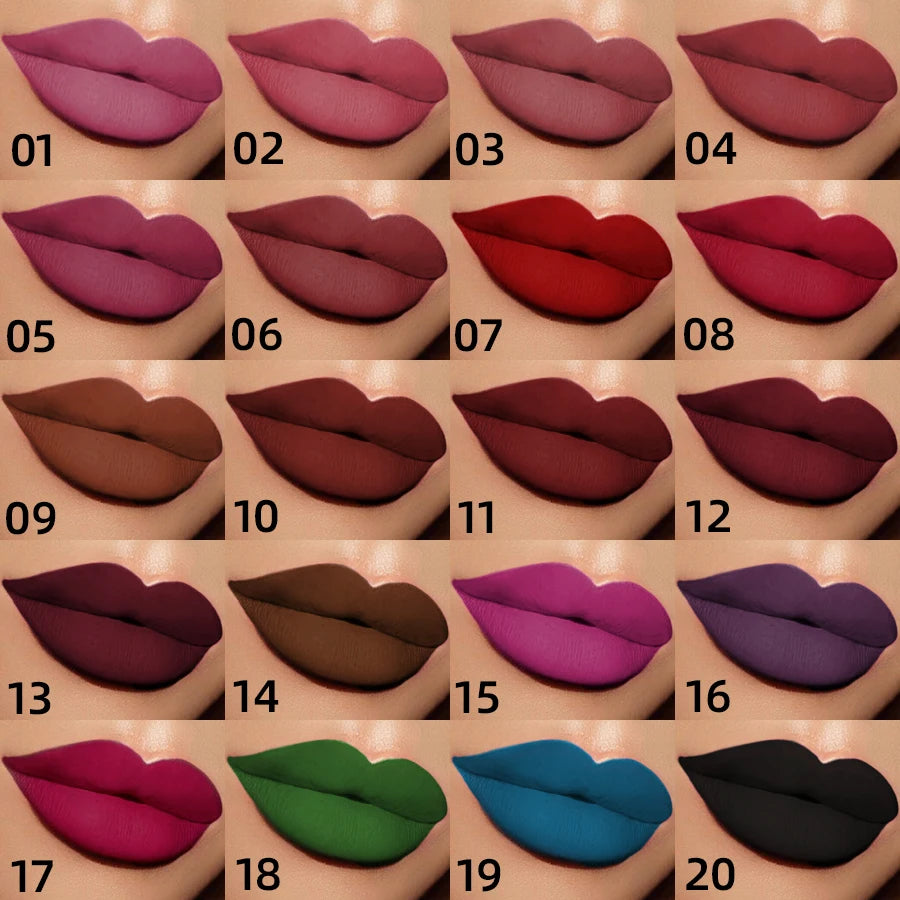 20 Colors Dark Brown Nude Liquid Lipsticks Waterproof Velvet Matte Lip Gloss Long Lasting Lip Glaze Beauty Red Lip Tint Makeup HIP