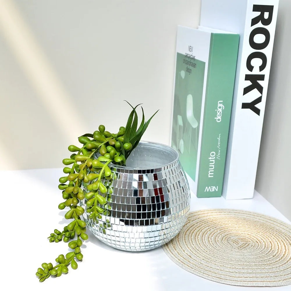 Disco Ball Flower Pot – Silver Mirror Planter Vase for Home Decorative Planter Vase HIP