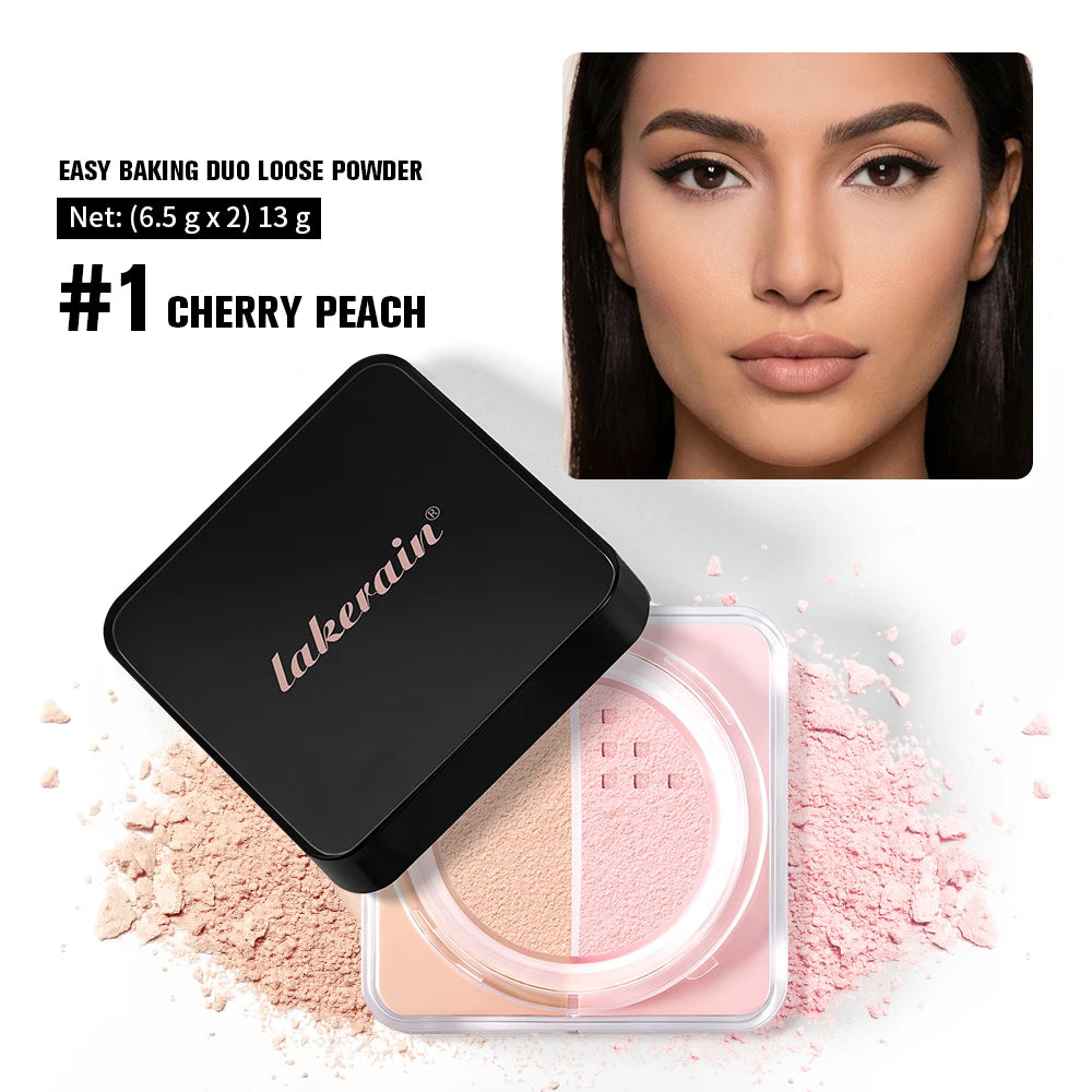 2 in 1 Bake Loose Powder Brightening&Correcting Duo Brightening Correcting Blurred Pores Matte LongLasting Setting Powder Makeup HIP 1Cherry Peach