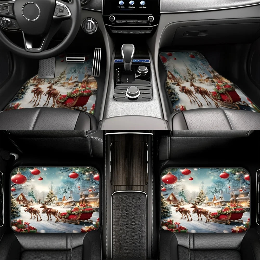 4-Piece Christmas Car Floor Mats – Santa & Reindeer Design Car Floor Mats HIP