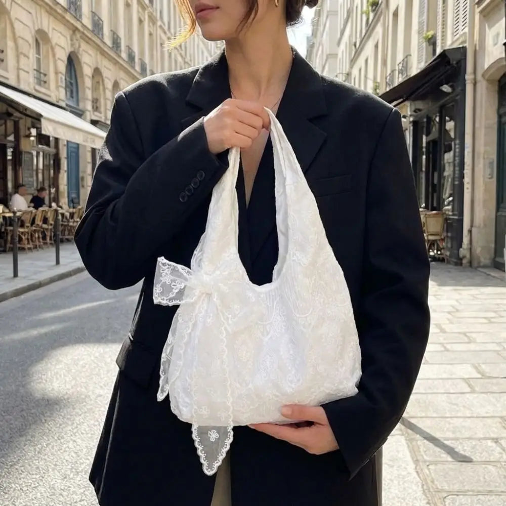 Floral Lace Canvas Shoulder Bag with Silk Scarf | Underarm Tote Canvas Shoulder Bag HIP