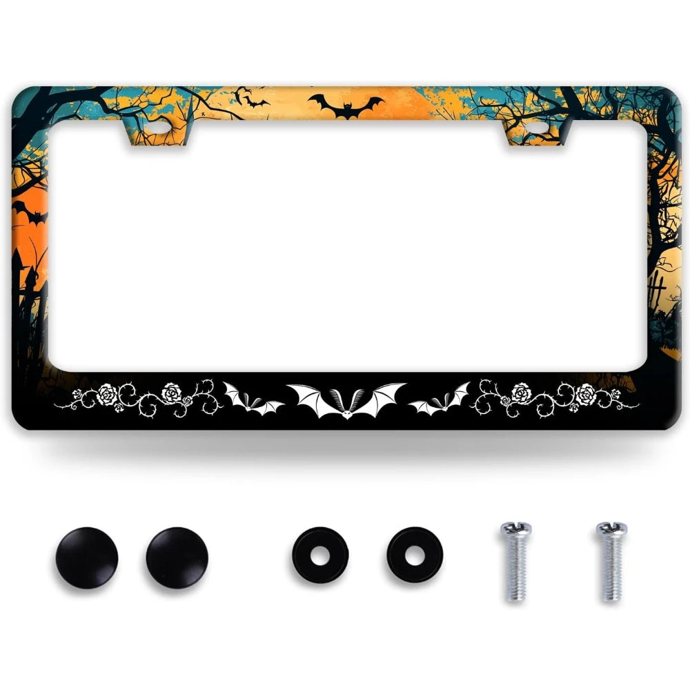 Halloween Bats & Rose Stainless Steel License Plate Frame License Plate Frame HIP 11