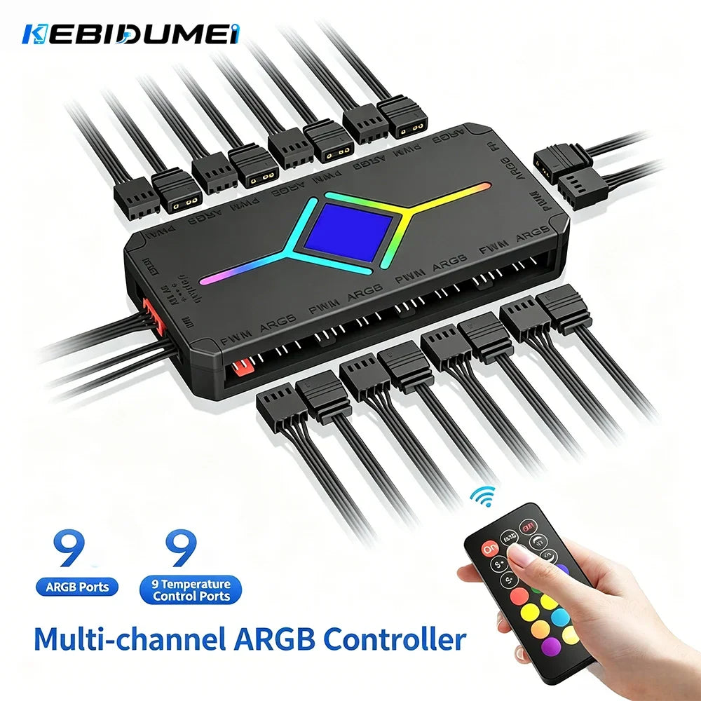 KEBIDUMEI 9-Port ARGB PWM Fan Hub with Remote & Controller PWM Fan Hub Controller HIP