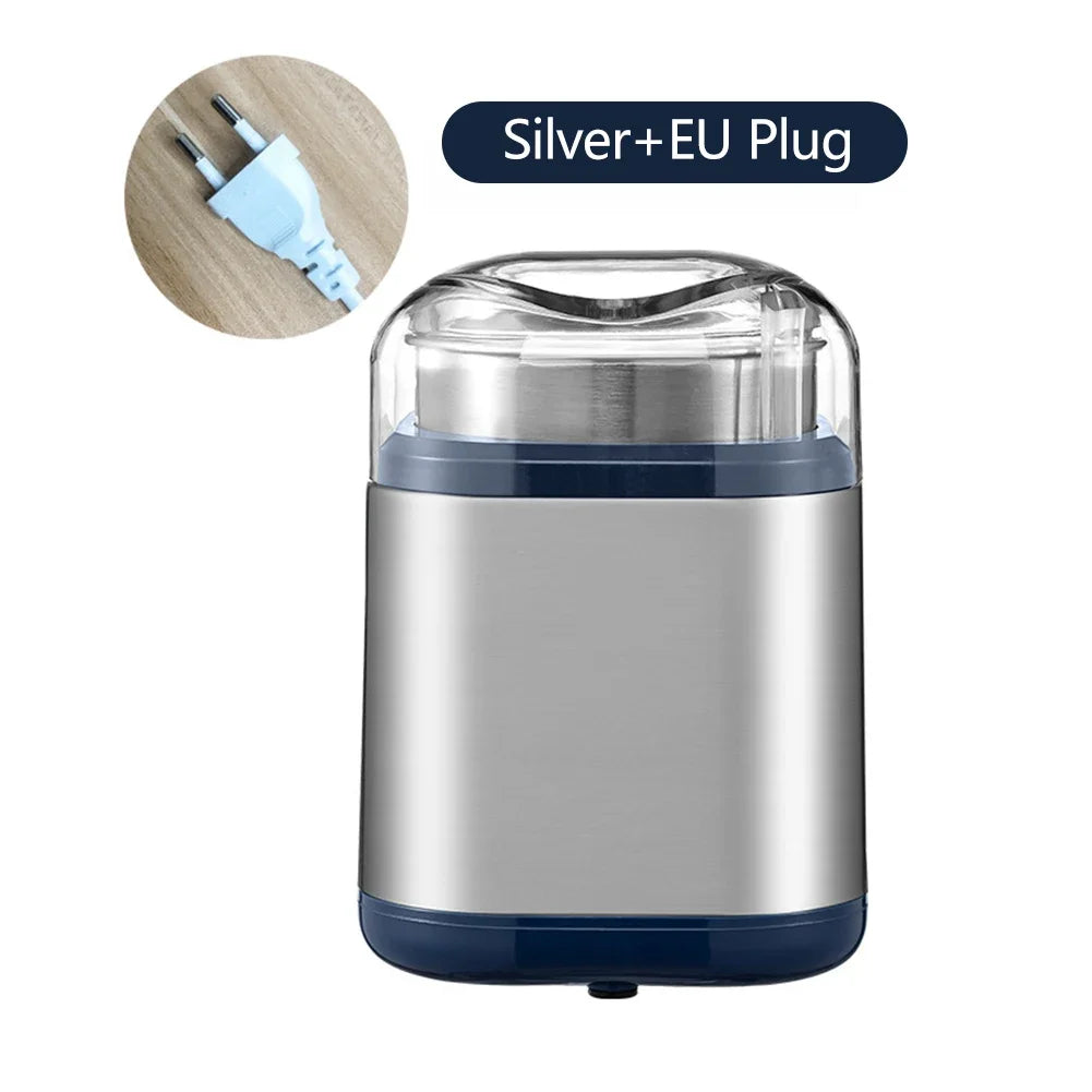 Electric Multifunctional Coffee Grain Grinder Small Spice Nut Stainless Steel Blade Dry Grinder Kitchen Utensils Easy Clean HIP Silver EU Plug