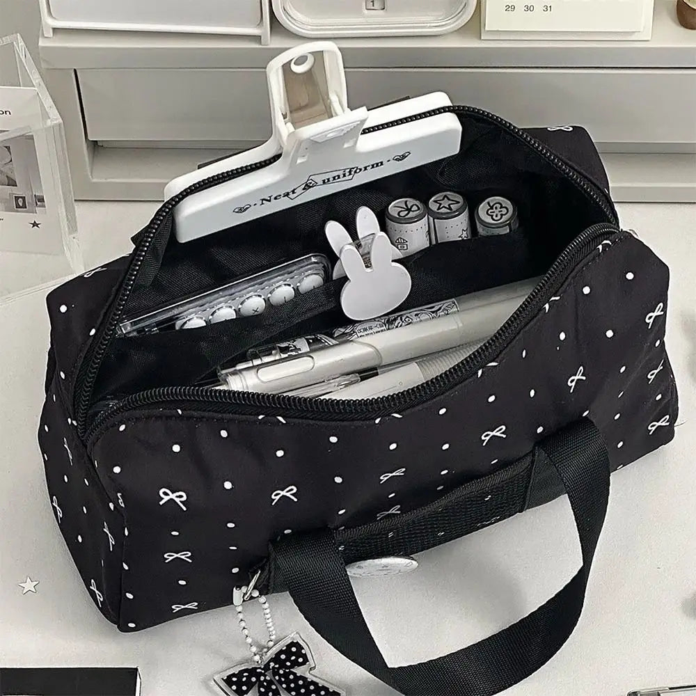 Black Polka Dot Bow Pencil Case – Large Capacity Canvas Bag Pencil Case HIP