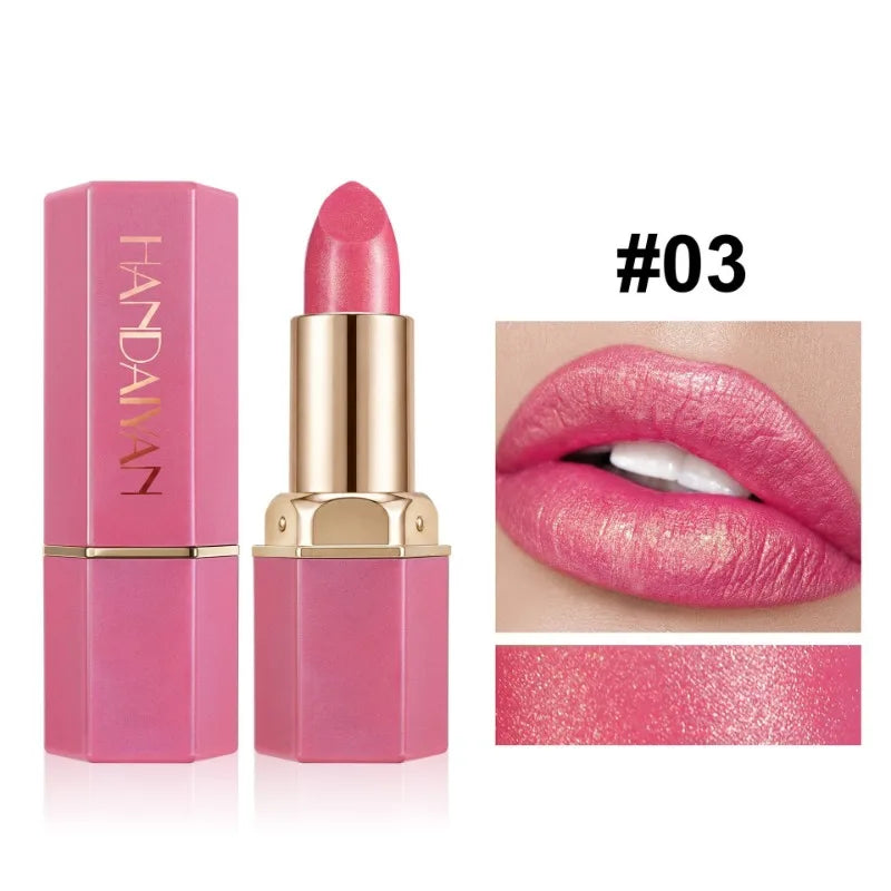 Pearlescent Glitter Lipstick Hexagonal Gold‑plated Tube Design Moisturizing Shiny Lip Stick Long Wear Non‑dry Women Lips Makeup HIP 03