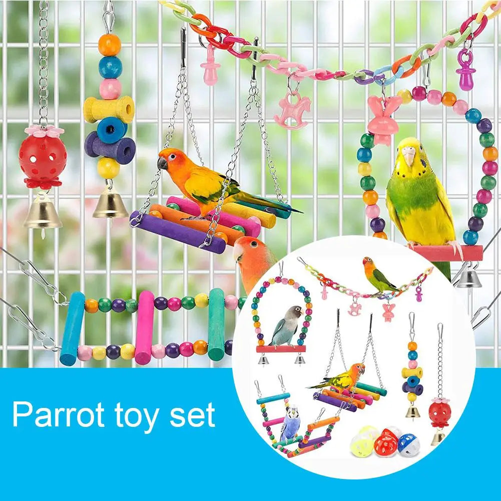 Bird Cage Toys for Parrots Wood Birds Swing Reliable Chewable Bite Bridge Wooden Beads Shape Parrot Toy 7pcs Bird Toys parrot HIP
