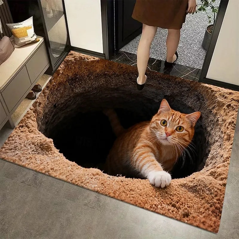 Ginger Cat 3D Optical Illusion Doormat – Anti-Slip Entry Rug Novelty Doormat HIP