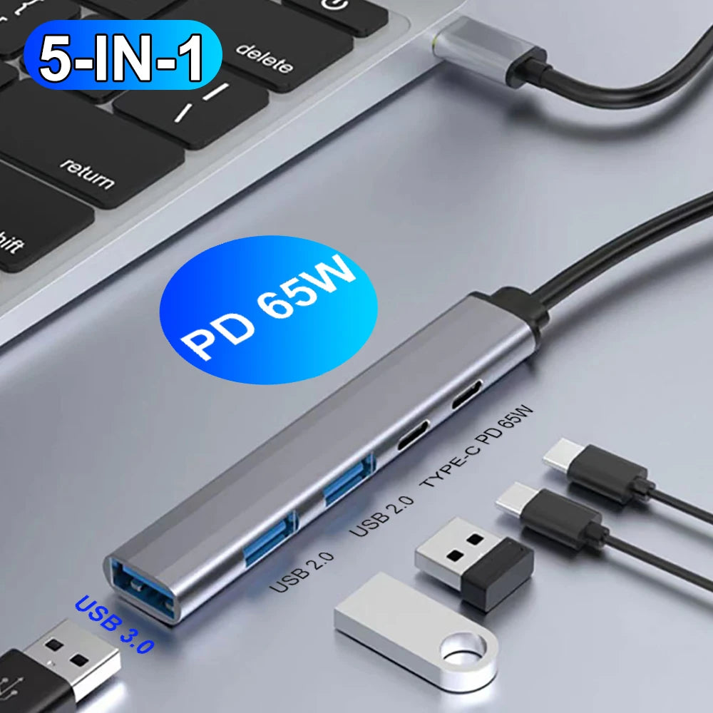 5-in-1 USB-C Hub PD 65W | USB 3.0 Splitter Adapter USB-C Hub Adapter HIP