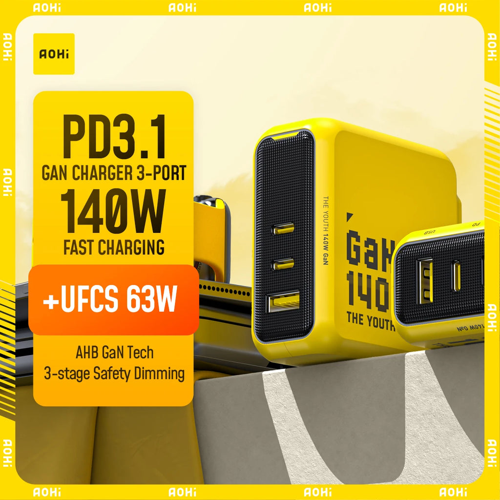 AOHI Youth 140W GaN 3-Port USB-C PD3.1 Fast Charger GaN USB-C Charger HIP EU YELLOW China Mainland