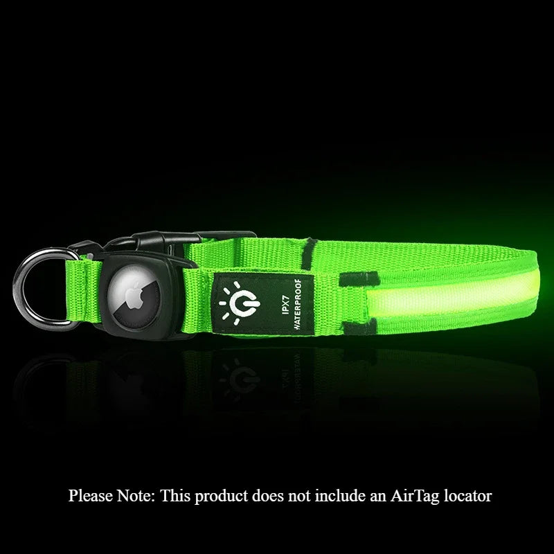 LED Light-Up Dog Collar with AirTag Cover | USB Rechargeable LED Dog Collar HIP green B L