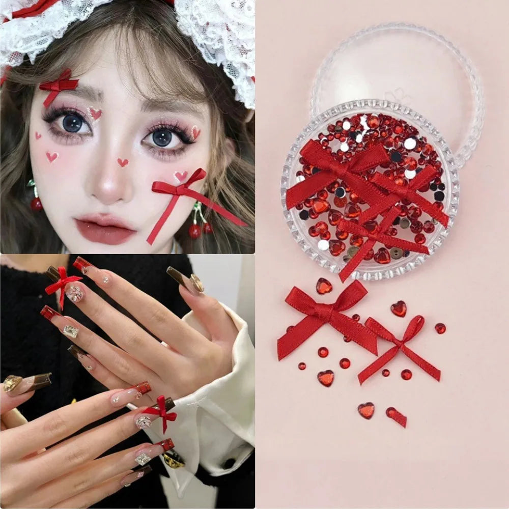 1 Box Sweet Face Jewelry Decoration Rhinestone 3D Bow Love Crystal Diamond Pearl Safe Nail Hair Accessories Festival Face Makeup HIP 03Red