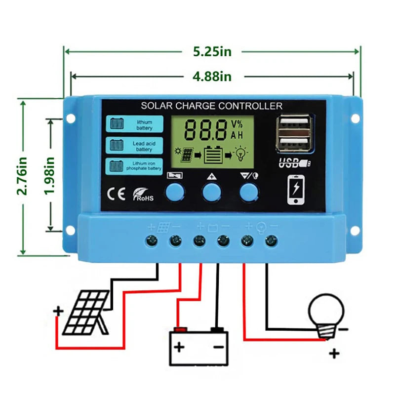 PWM Solar Charge Controller 10A 20A 30A 12V/24V LCD Dual USB Solar Charge Controller HIP