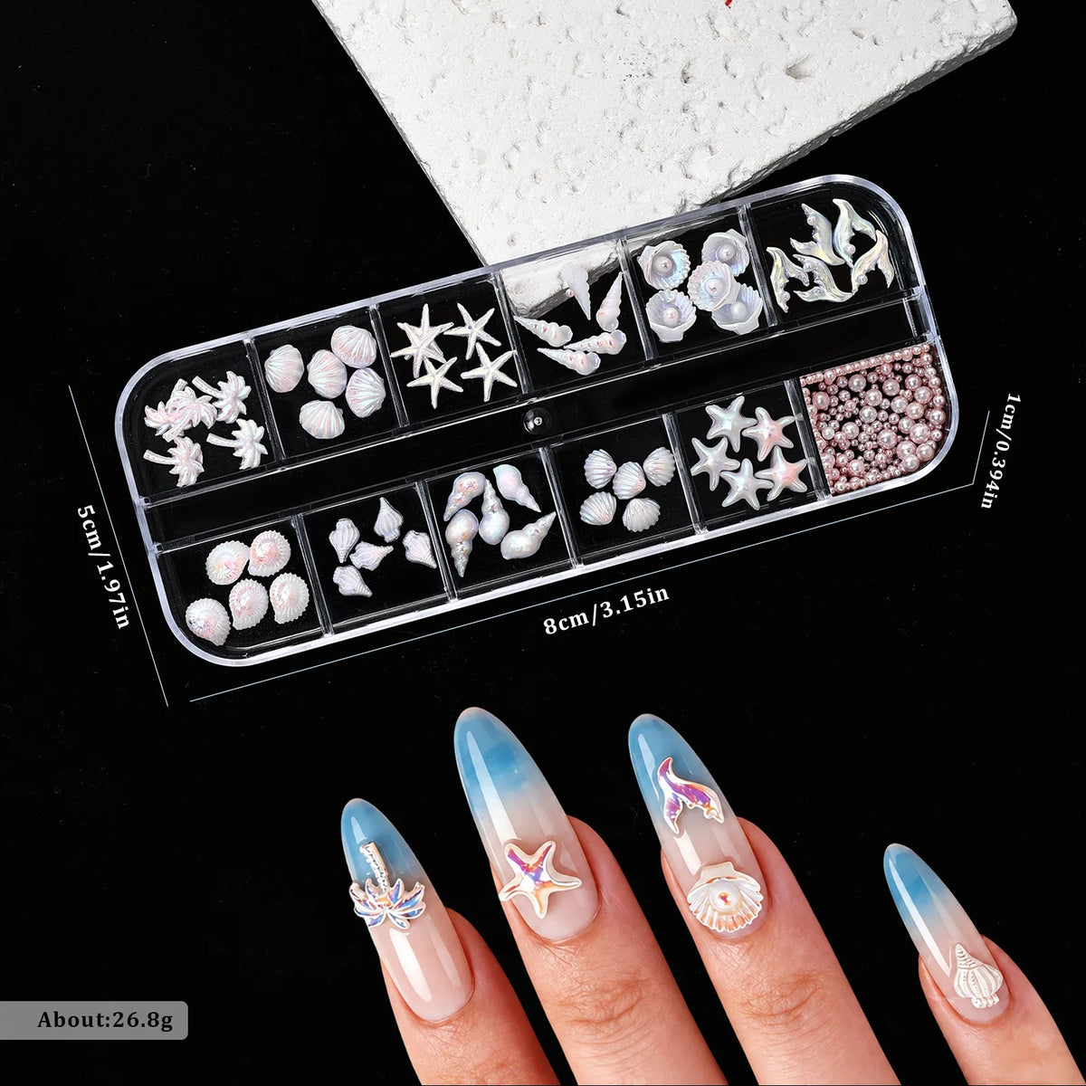 12 Grids Aurora White Blue Starfish Shell Conch Coconut Tree Pearl Nail Rhinestones Decorations Manicure Ocean Life Charms HIP Pink