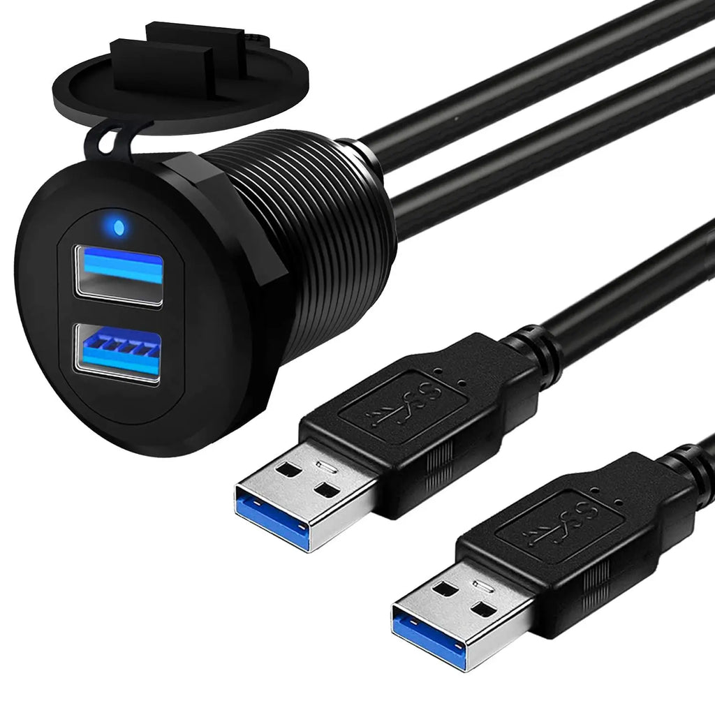 Dual Port USB 3.0 Flush Mount Dashboard Cable – LED & Waterproof USB Extension Cable HIP Double Port