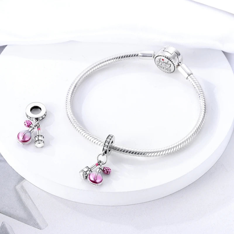S925 Silver Plated Pink Perfume Bottle Luggage Camera Airplane Pendants Charms Fit Original Bracelets DIY Birthday Jewelry Gifts HIP