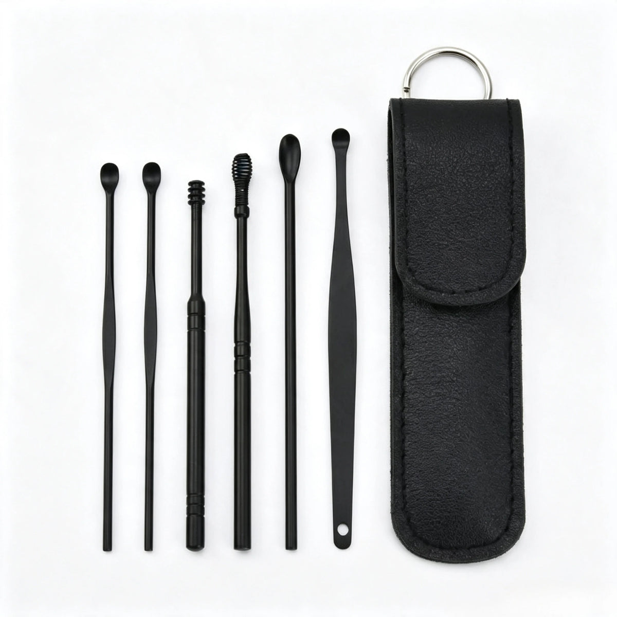 6-Piece Stainless Steel Ear Wax Cleaner Kit with Case Ear Cleaning Kit HIP C806-Black-6pcs