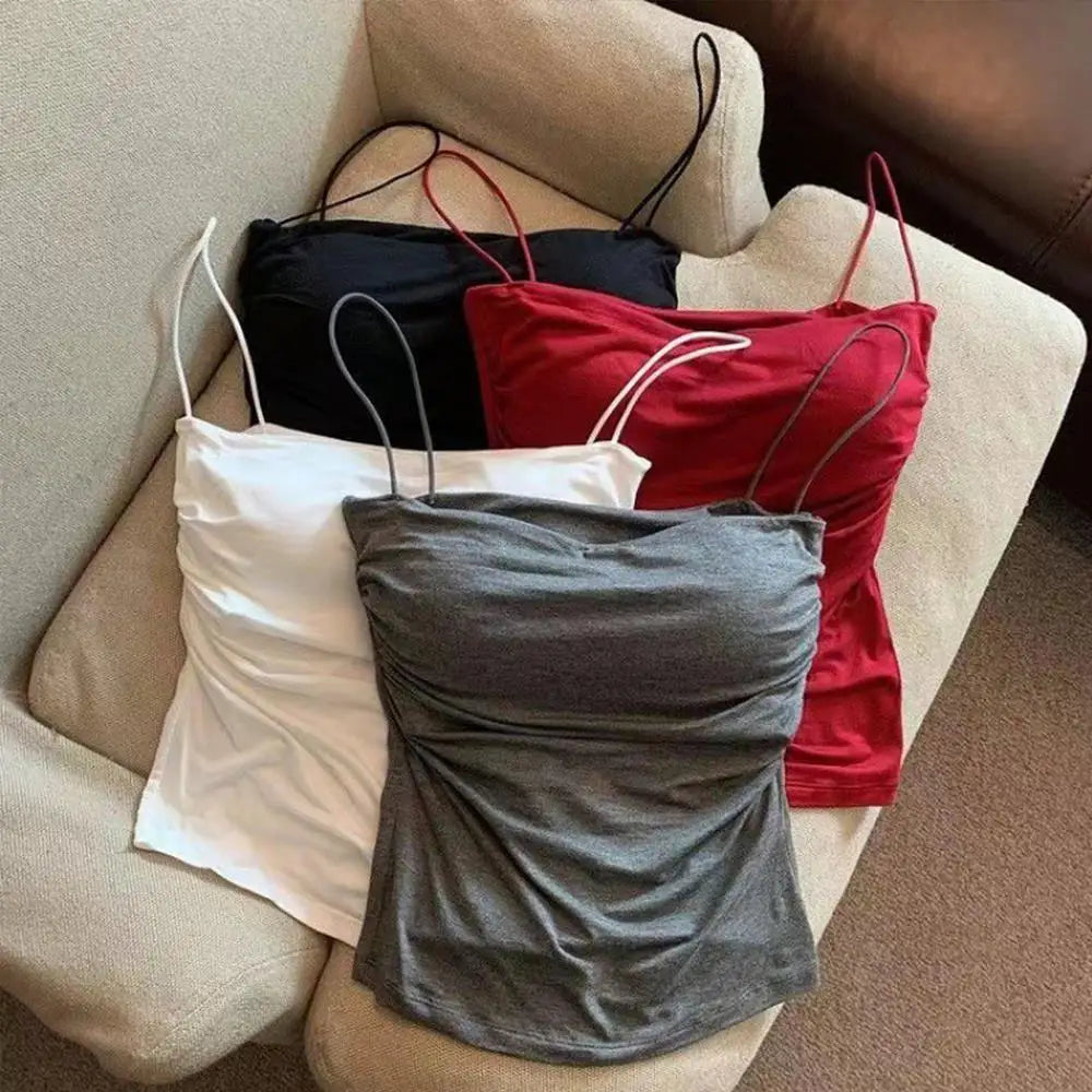 Y2K Sexy Tank Tops Women Spaghetti Strap Crop Top With Bra Bodycon Sleeveless Cami Tube Top Basic Camisole Tees Korean Clothes HIP