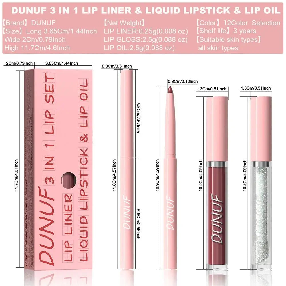 DUNUF 3-Pc Matte Lipstick, Lip Liner & Lip Oil Set – Rose Pink Lip Makeup Kit HIP