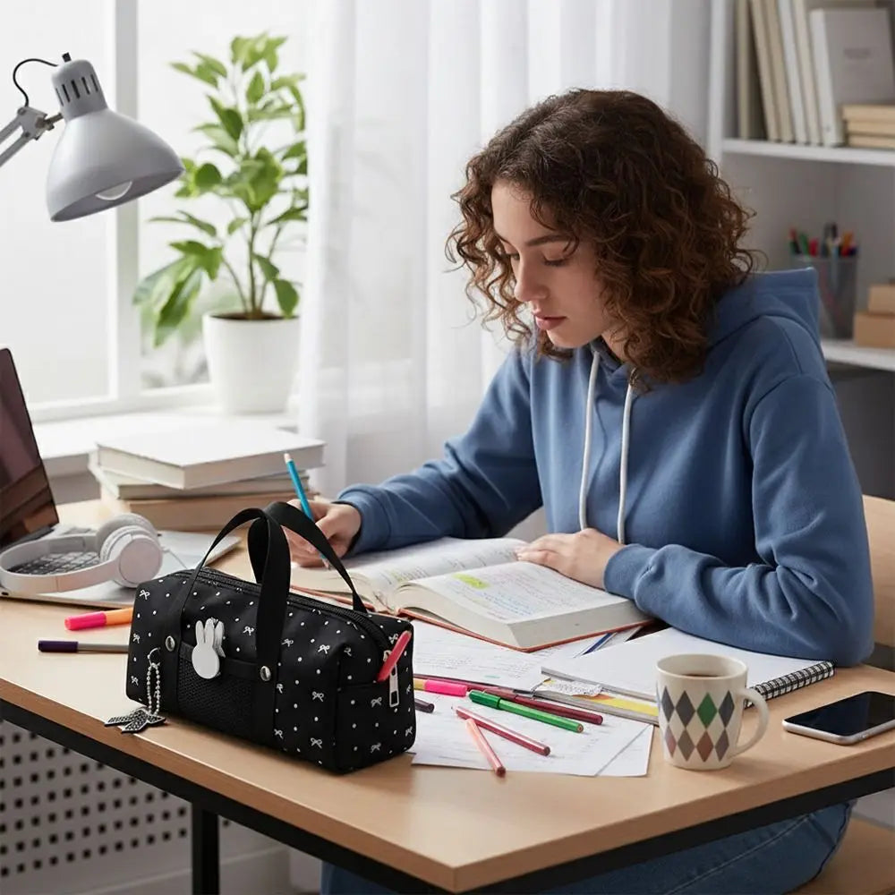 Black Polka Dot Bow Pencil Case – Large Capacity Canvas Bag Pencil Case HIP