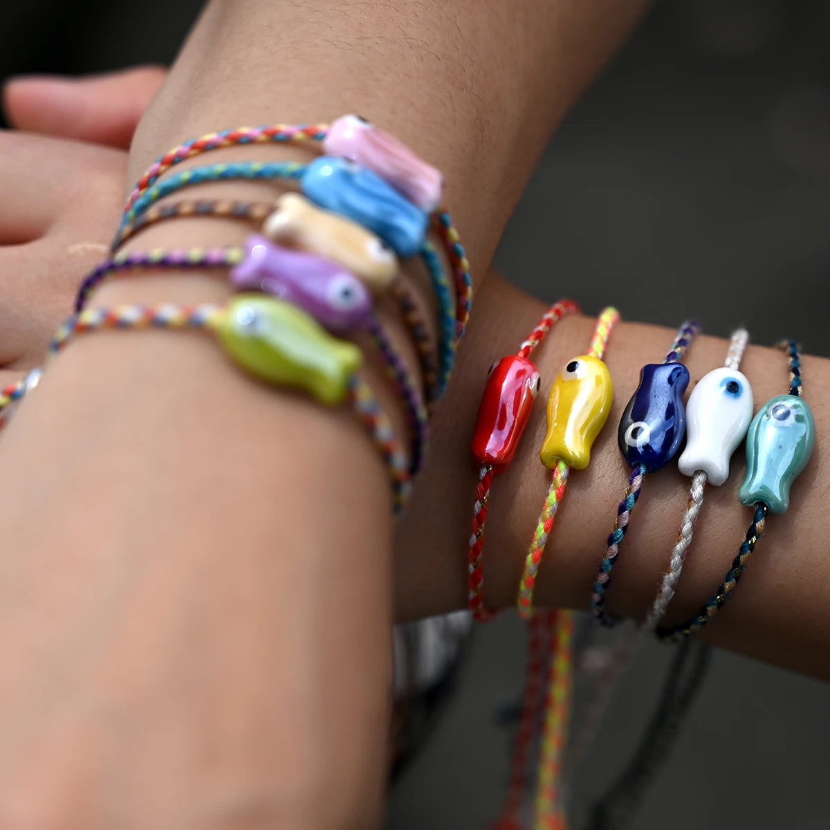 Set of 10Pcs Ceramic Fish Bracelet for Women Handmade Woven Colored Rope Boho Wrap Charm Bracelet Friendship Popular Jewelry HIP