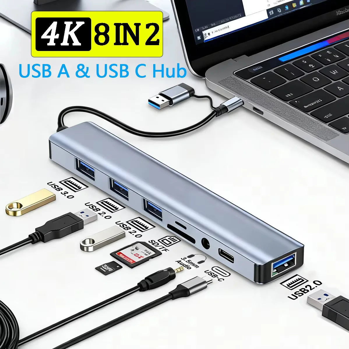 8 In 2 USB C Hub Expander Multiport Adapter Type C Splitter Dock USB 3.0 For Xiaomi Phone Tablet Fast Data Transfer Charging HUB HIP