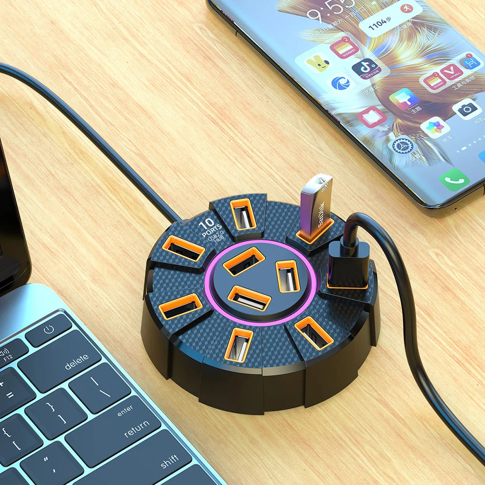 10-Port USB 2.0 Hub RGB Backlight 1.2m Cable | OULLX USB Hub HIP