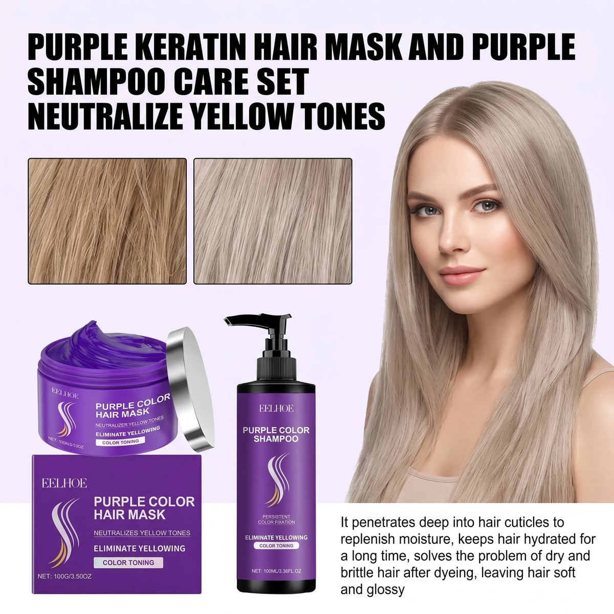 Purple Shampoo & Keratin Hair Mask Set – Color Safe Care Hair Care Bundle HIP
