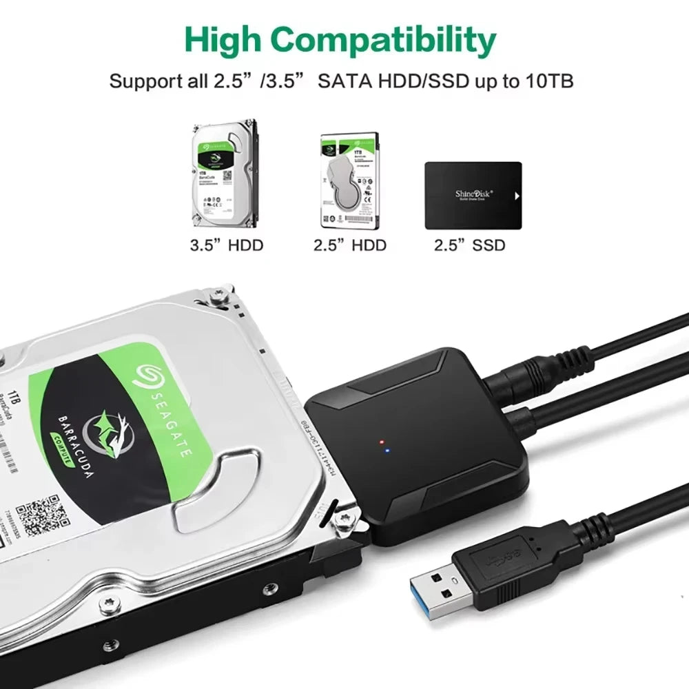 SATA to USB3.0 Cable SATA III Hard Drive Adapter Converter for 2.5" 3.5" SSD HDD Hard Drive Disk with 12V/2A Power Adapterer HIP