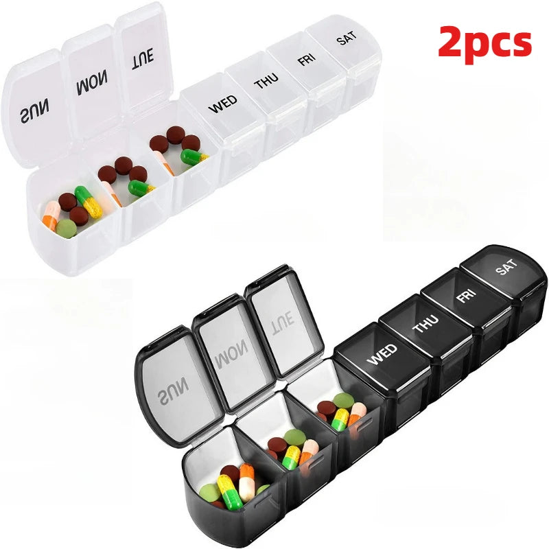 New Premium Portable Weekly Pill Cases 7 Day 7 Grids Pill Organizer Storage Box Container Travel for Medicine Vitamins Fish Oils HIP 2pcs