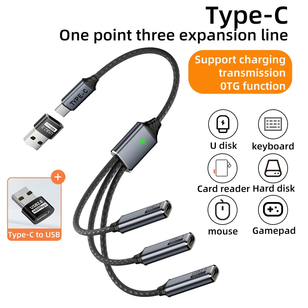 USB Splitter Cable 1-to-3 USB-A & Type-C Expansion Hub USB Expansion Hub HIP Type-C-1 to 3 ZJX-T