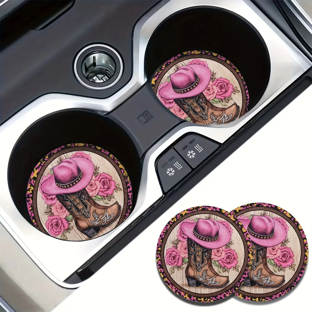 Western Cowboy Hat & Boots Car Coasters – Set of 2 Car Cup Holder Coasters HIP
