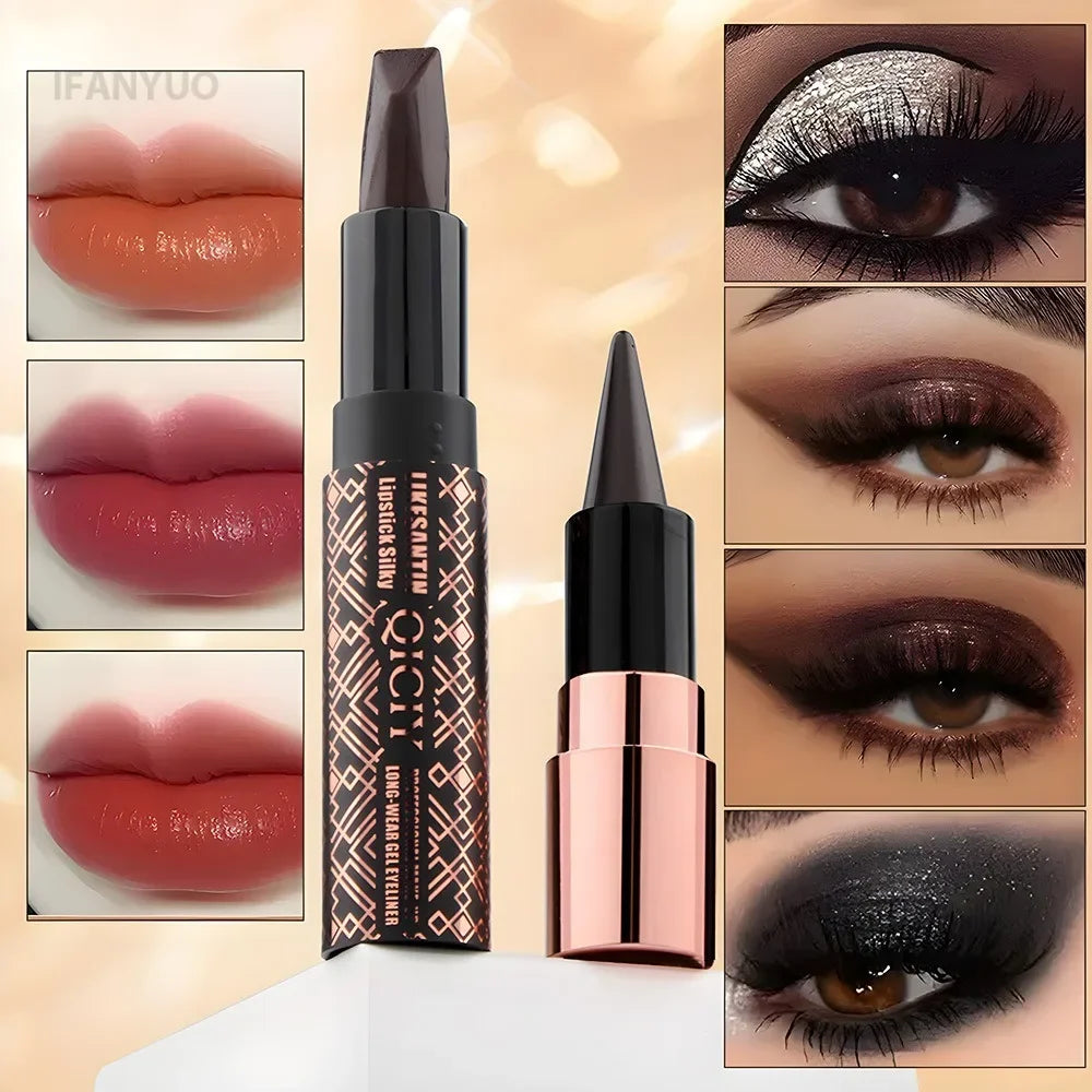 Orange Lipstick Silky Smooth Matte Long-wear Gel Eyeliner 3color Lip Gloss 2IN1 Makeup Pen Lipliner Stick Sexy Women Cosmetics HIP