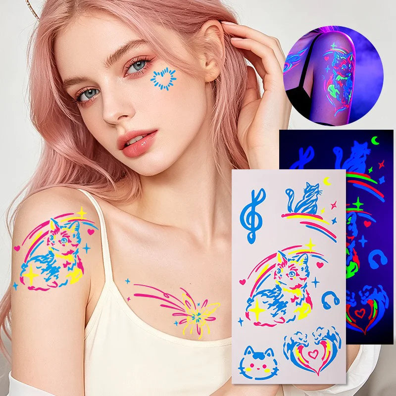 Neon Glow UV Temporary Tattoo Stickers Waterproof Halloween Skeleton Love Heart Spider Butterfly Face Body Tattoo Carnival Party HIP
