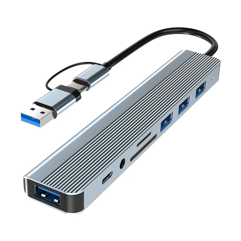 8-in-1 USB A & USB C Hub, USB 3.0 5Gbps, 3× USB 2.0, SD TF Card Reader, 3.5mm Audio, Multiport Adapter HIP 8-in-1