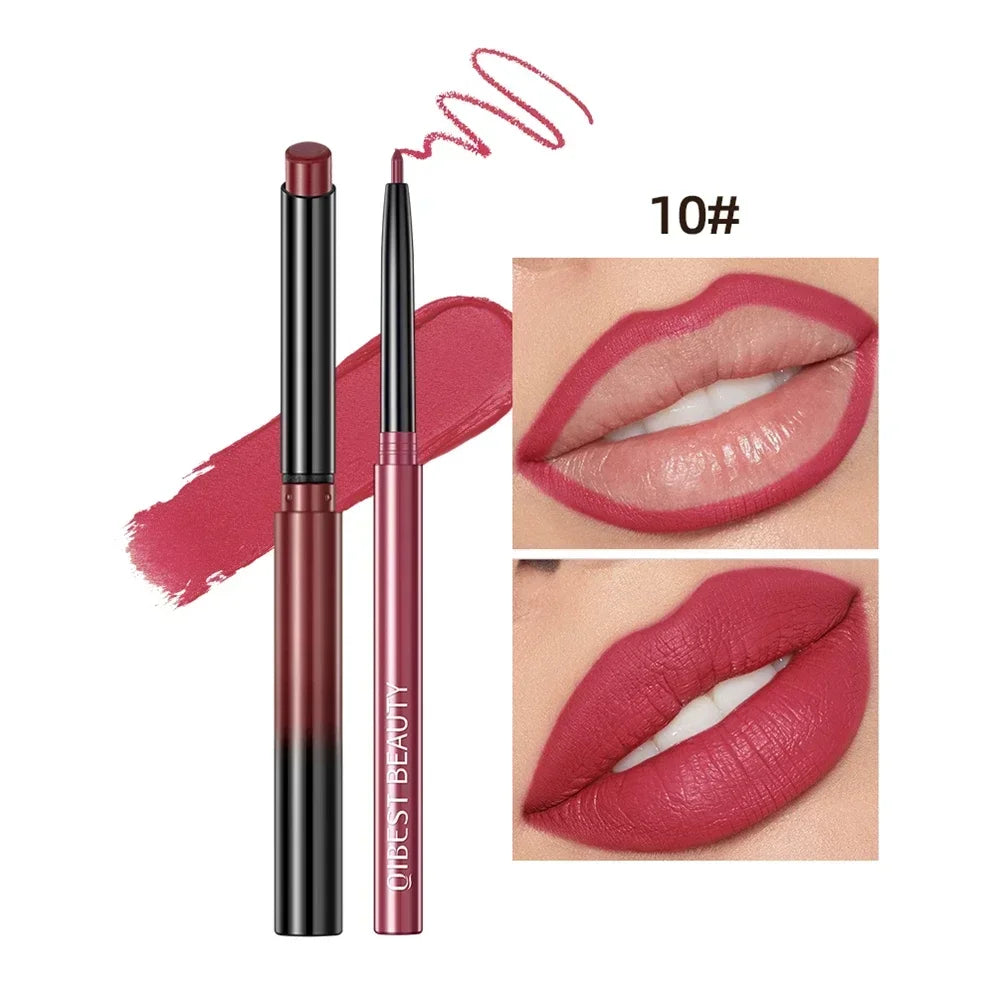 QIBEST Lipliner Pencil Lipstick Set Matte Nude Red Contour Tint Lipstick Long Lasting Non-stick Cup Lipliner Makeup Lip Stain HIP 10