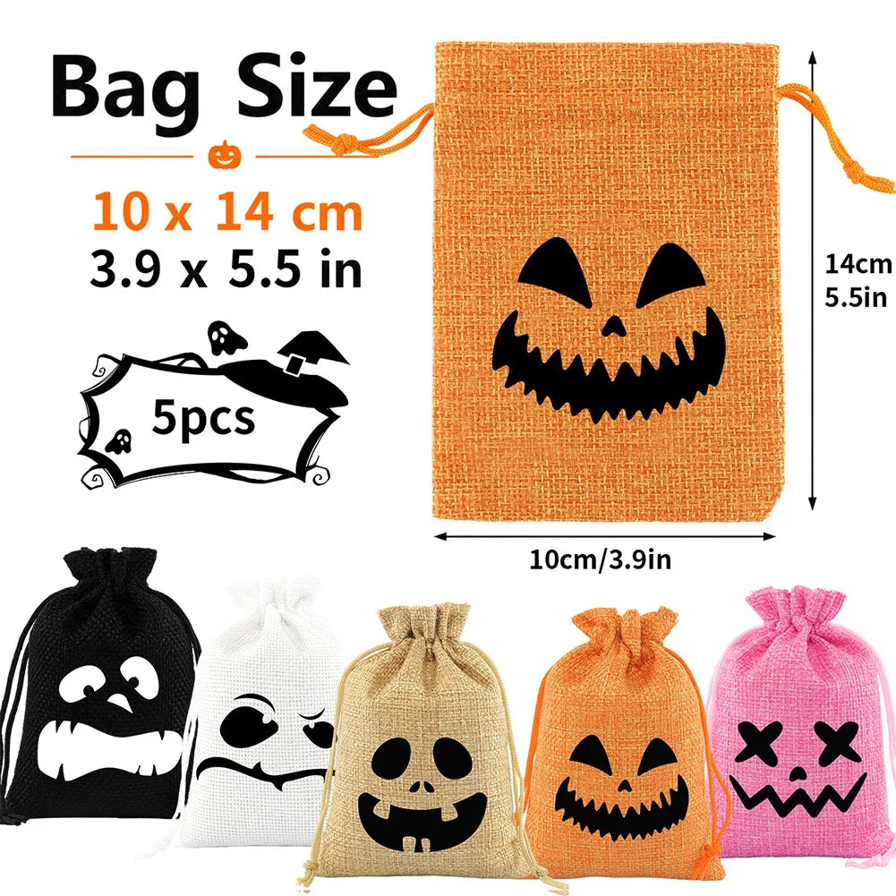 Multi Functional 5PCS Halloween Drawstring Gift Bag Linen Pumpkin Spider Bag Kids Favorite Candy Bag Holiday Party Home Decor HIP