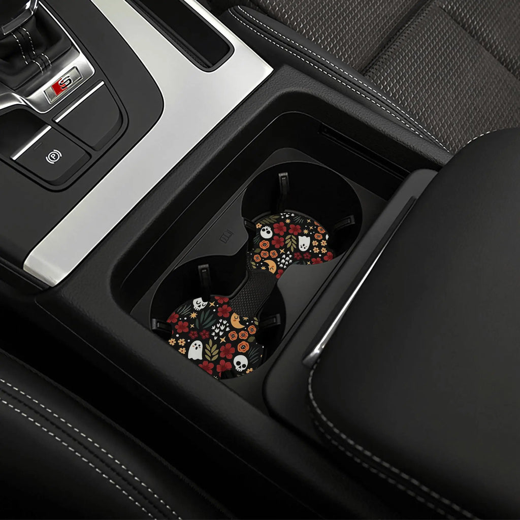 2-Pc Skull & Floral Car Cup Holder Coasters – Black Car Cup Coasters HIP