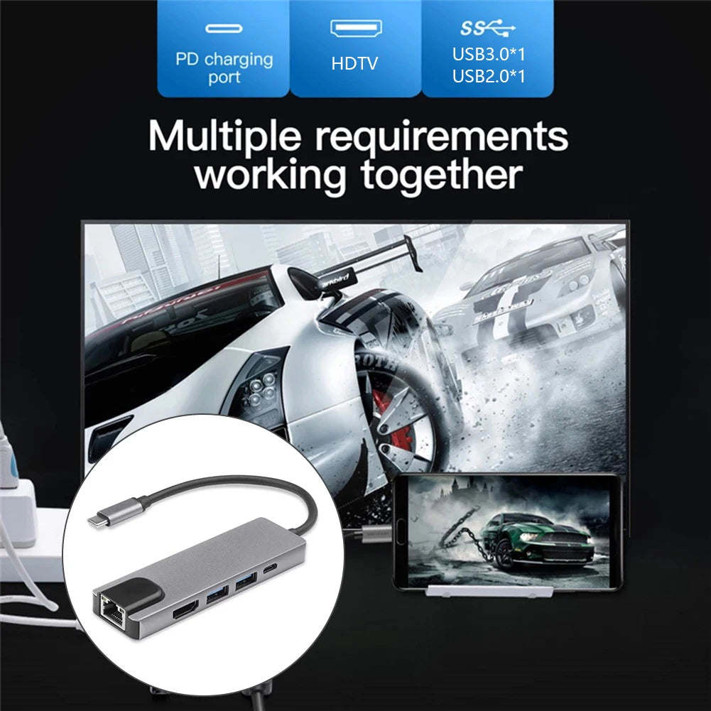 5-in-1 USB-C Hub – 4K HDMI, RJ45, SD/TF & 100W PD USB-C Hub Adapter HIP