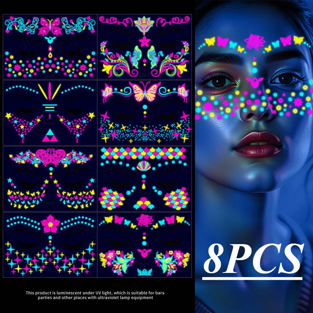 12/24pcs Luminous Temporary Tattoos Stickers UV Neon Fluorescent Glow in the Dark For Body Face Tattoo Stickers Party Accessorie HIP 8PCS B