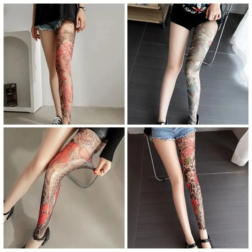 Women's Peony Tattoo Print Mesh Pantyhose & Sheer Tights Printed Pantyhose Tights HIP
