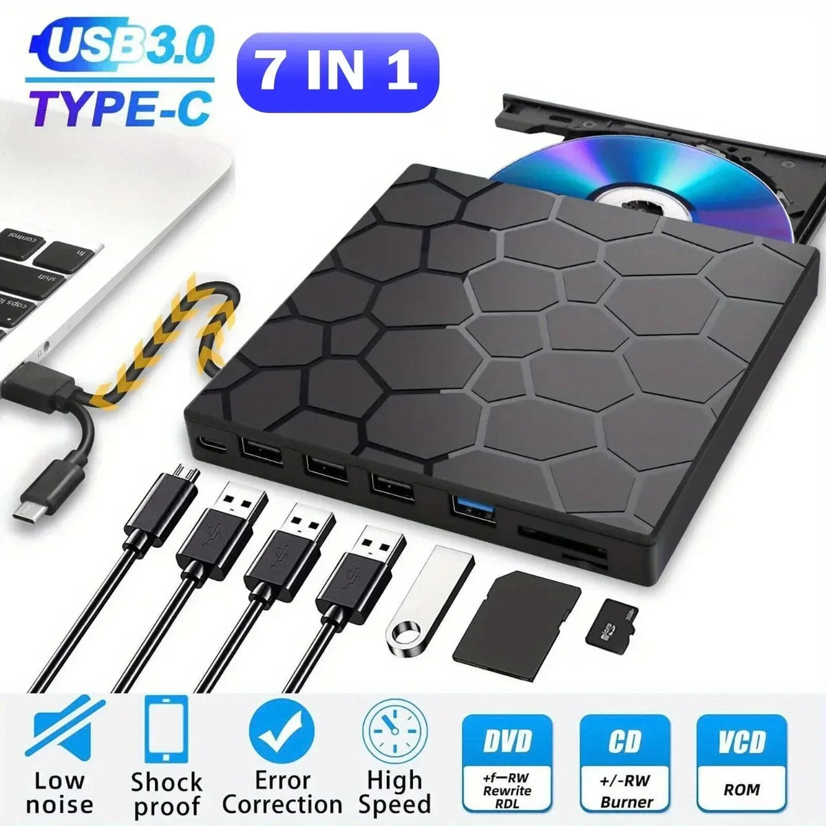USB3.0 Type C External RW CD Player Burner Bluray Player 7 in 1 External CD DVD Drive External CD Reader For PC Laptop Desktop HIP Black