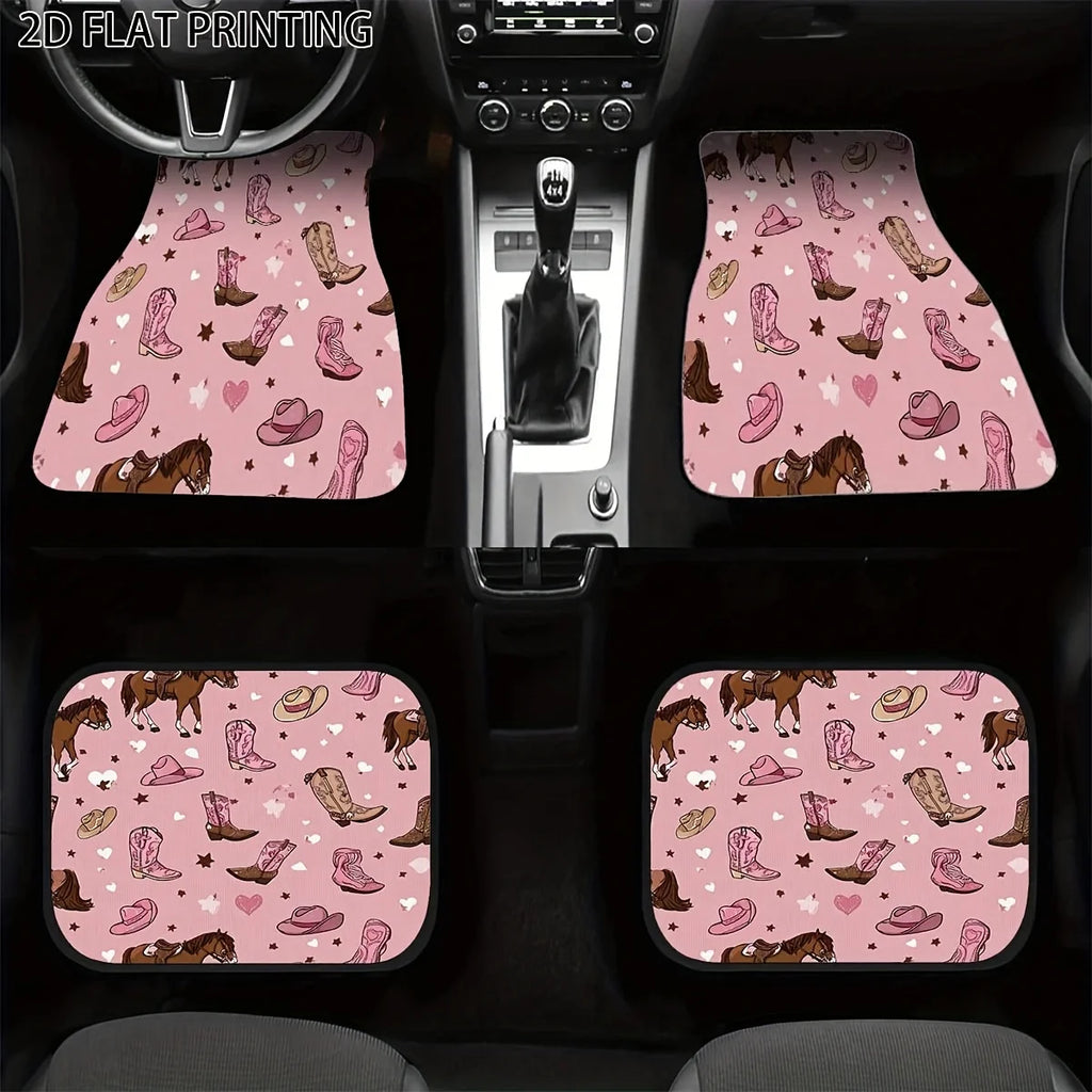 4-Pc Western Cowgirl Car Floor Mats – Pink Cow Print Car Floor Mats HIP